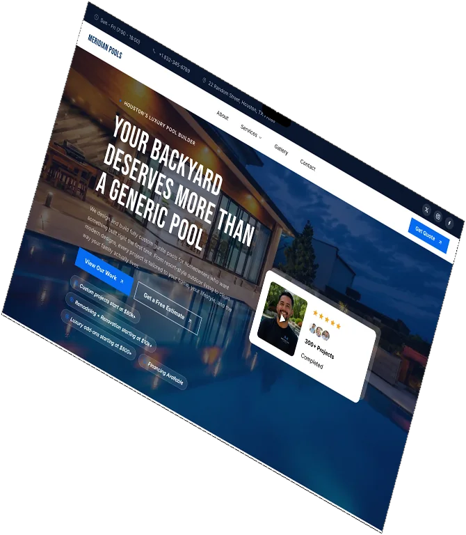 Meridian Pools website on a laptop